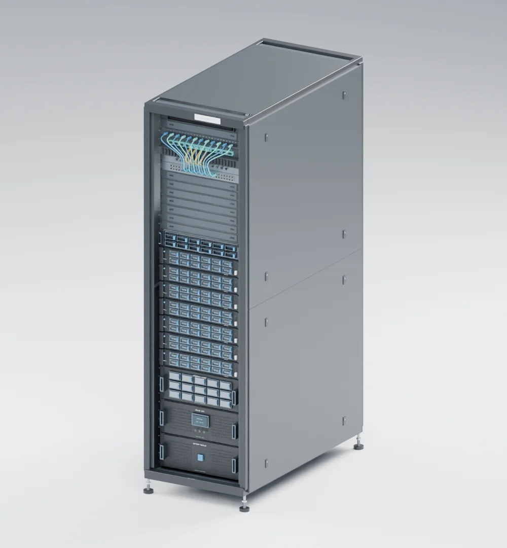 The DC42 42U server rack, rendered from its 3D model with its front door removed to reveal patching, servers, storage and power equipment.